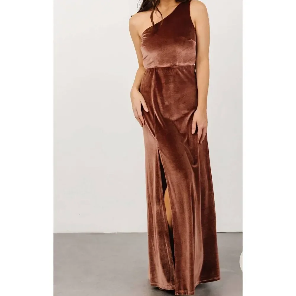 Baltic Born Dress Women's XS Desert Rose Brown Tatiana Velvet One Shoulder Maxi